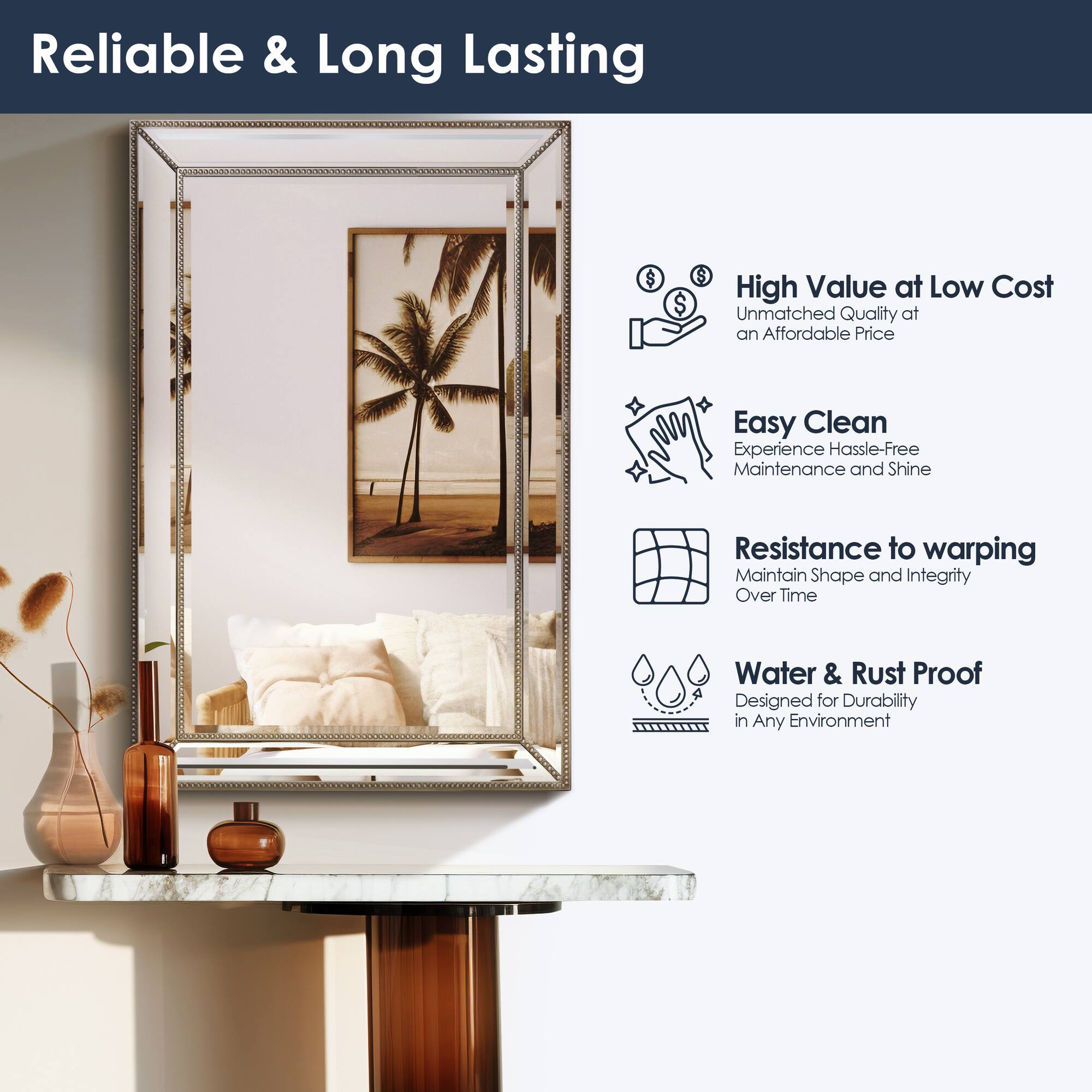 Silver Champagne Beaded Frame Accent Beveled Wall Mirror - 30" x 42"
